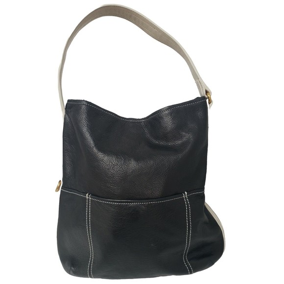 Alco Soft Leather Handbag Rowan Hobo Black Leather Ivory Trim Magnet Closer - Picture 2 of 14